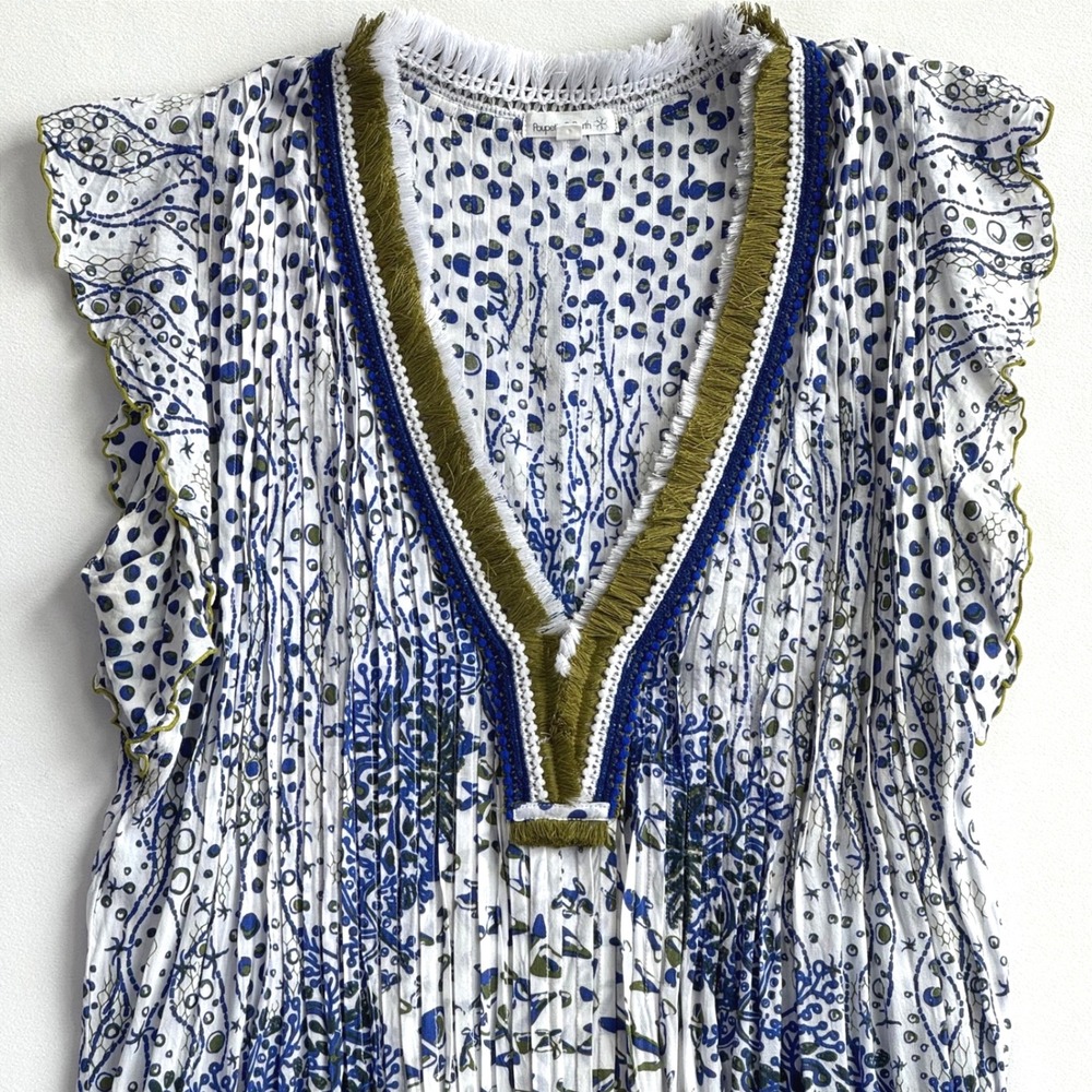 Poupette St Barth Sasha Green White Fish Batik Rombo Dress Medium Coastal Chic - Picture 3 of 13
